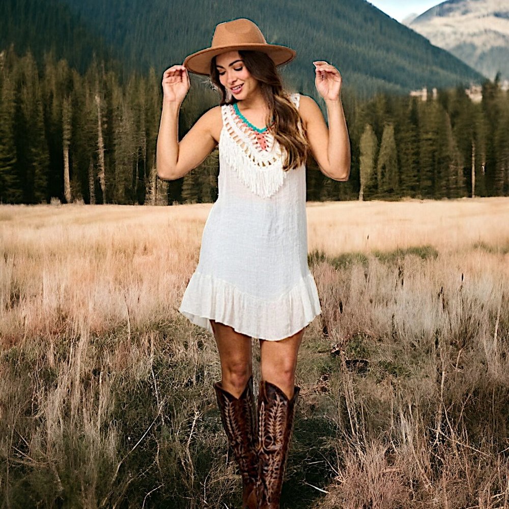85562  Open Back Crochet Trimmed Dress